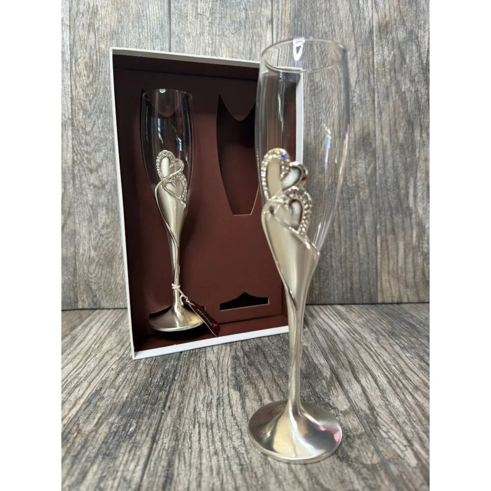 NEW PAPYRUS Champagne His and Hers Double Heart Toasting Glass Flutes